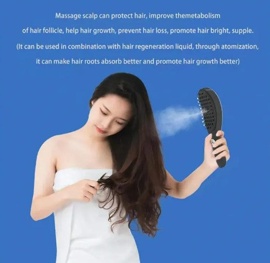 Woman using a Scalp massager comb for hair growth and stress relief with text about scalp massage benefits on a blue background GlowNest Co