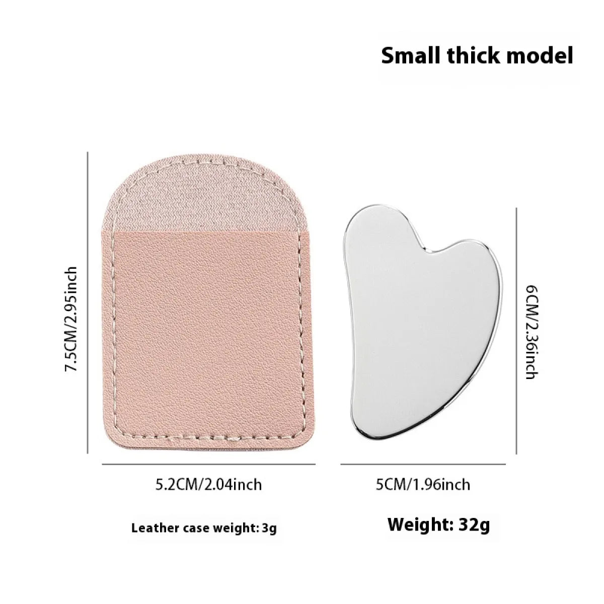Small thick model with leather case and gua sha tool, showing dimensions and weight.