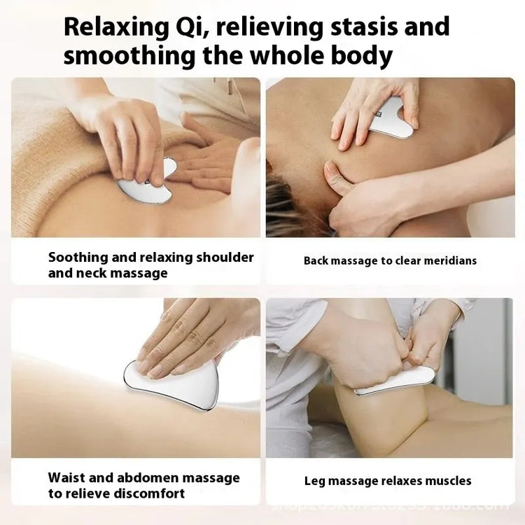 Gua sha being used on various parts of the body with text describing its effects. GlowNest Co