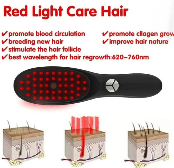 Scalp massager comb for hair growth and stress relief with red text showing what it is good for GlowNest Co