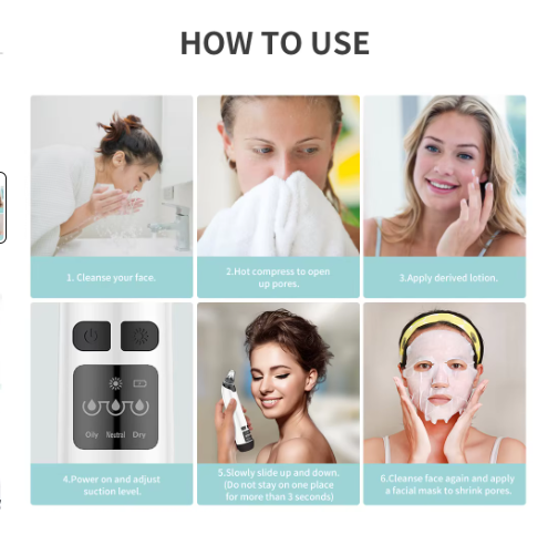 Step-by-step guide on how to use a blackhead remover, with images of a woman using it. GlowNest Co