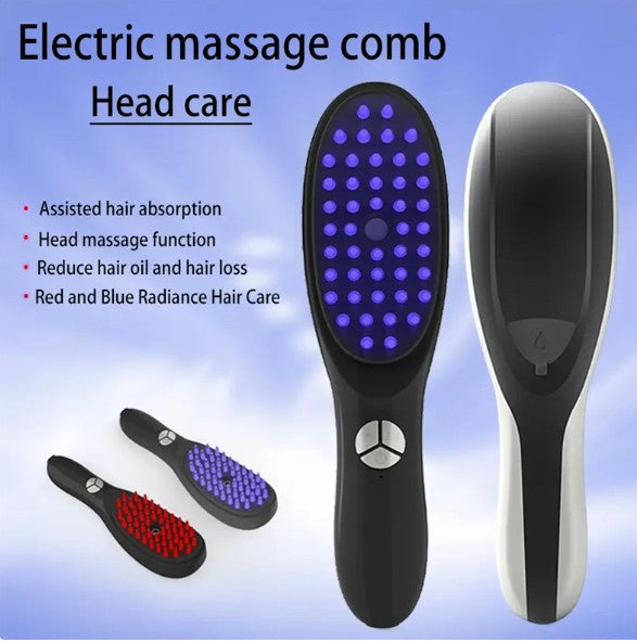 Electric massage comb for head care with features listed on a blue background