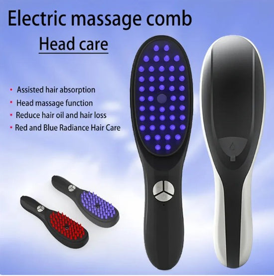 Electric massage comb for head care with features listed on a blue background