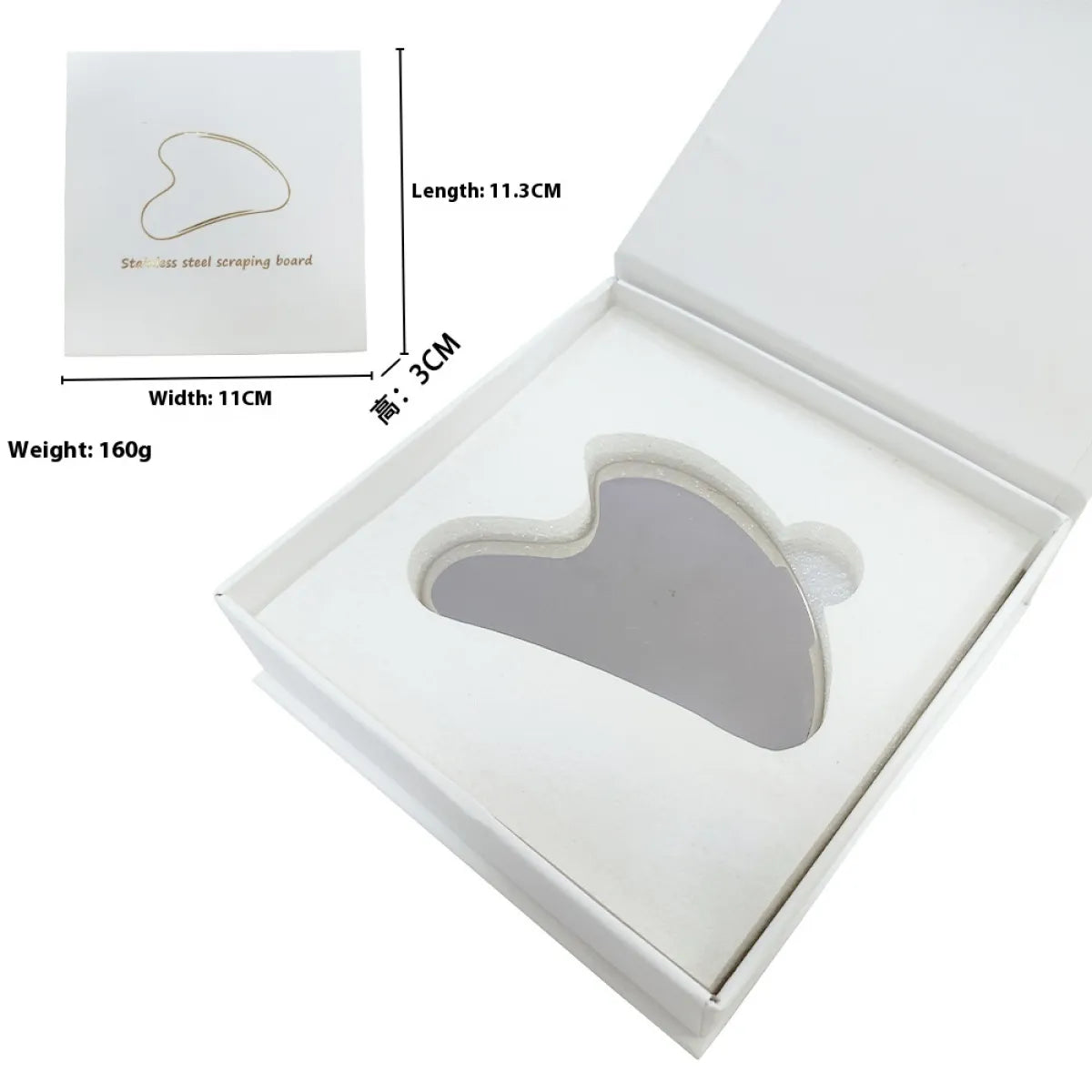 Heart-shaped gua sha tool in a white box with dimensions and weight information.