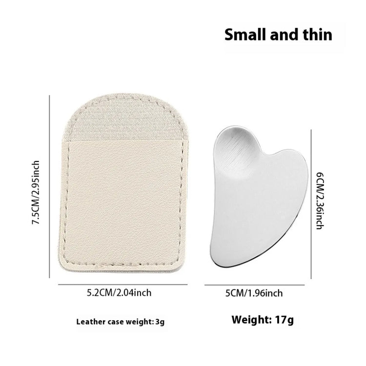 Small and thin leather case with a gua sha, showing dimensions and weight on a white background.